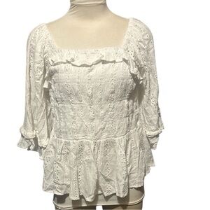 ARULA White Ruffled Blouse Square Neckline Eyelet Lace Size A